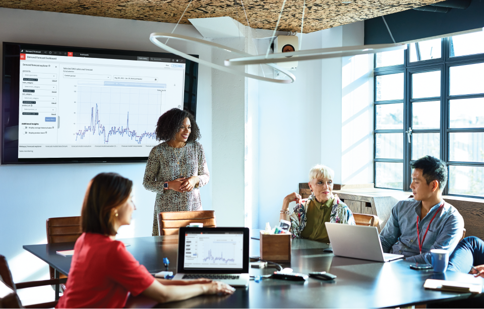 woman standing in front of people in a meeting showing Dataiku response caching on the screen