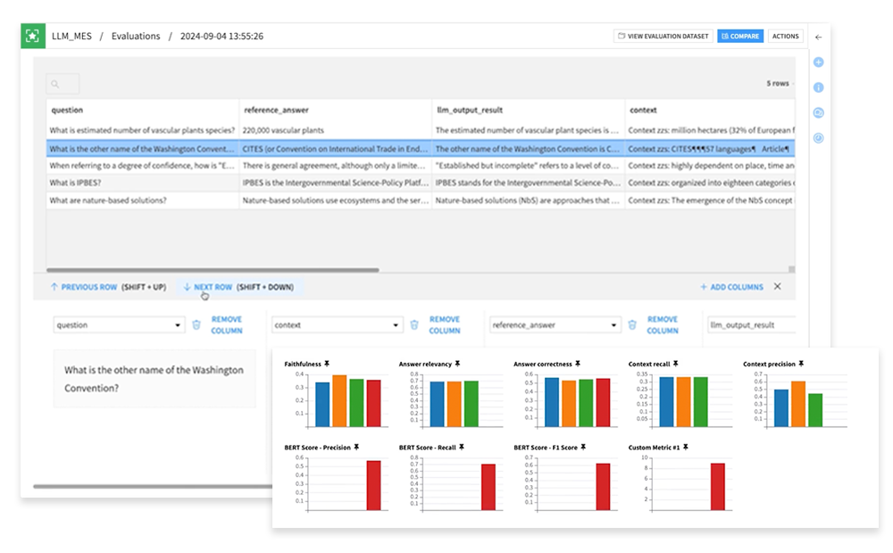 screenshots of Dataiku product showing LLM Evaluation recipe as part of LLM Guard Services and Quality Guard