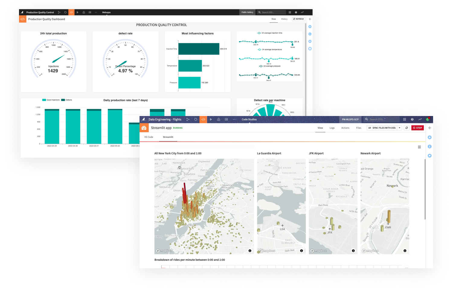 screenshots of dataiku visualizations developed with popular data science visualization frameworks like Dash, Bokeh, R Shiny, JavaScript, Streamlit