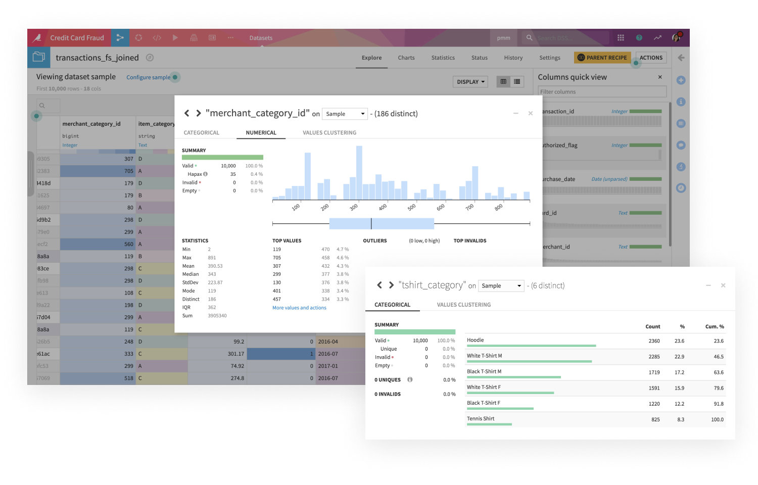 screenshot showing how Dataiku as the universal AI platform makes it easy to understand data quickly with automatic profiling of columns and data quality indicators