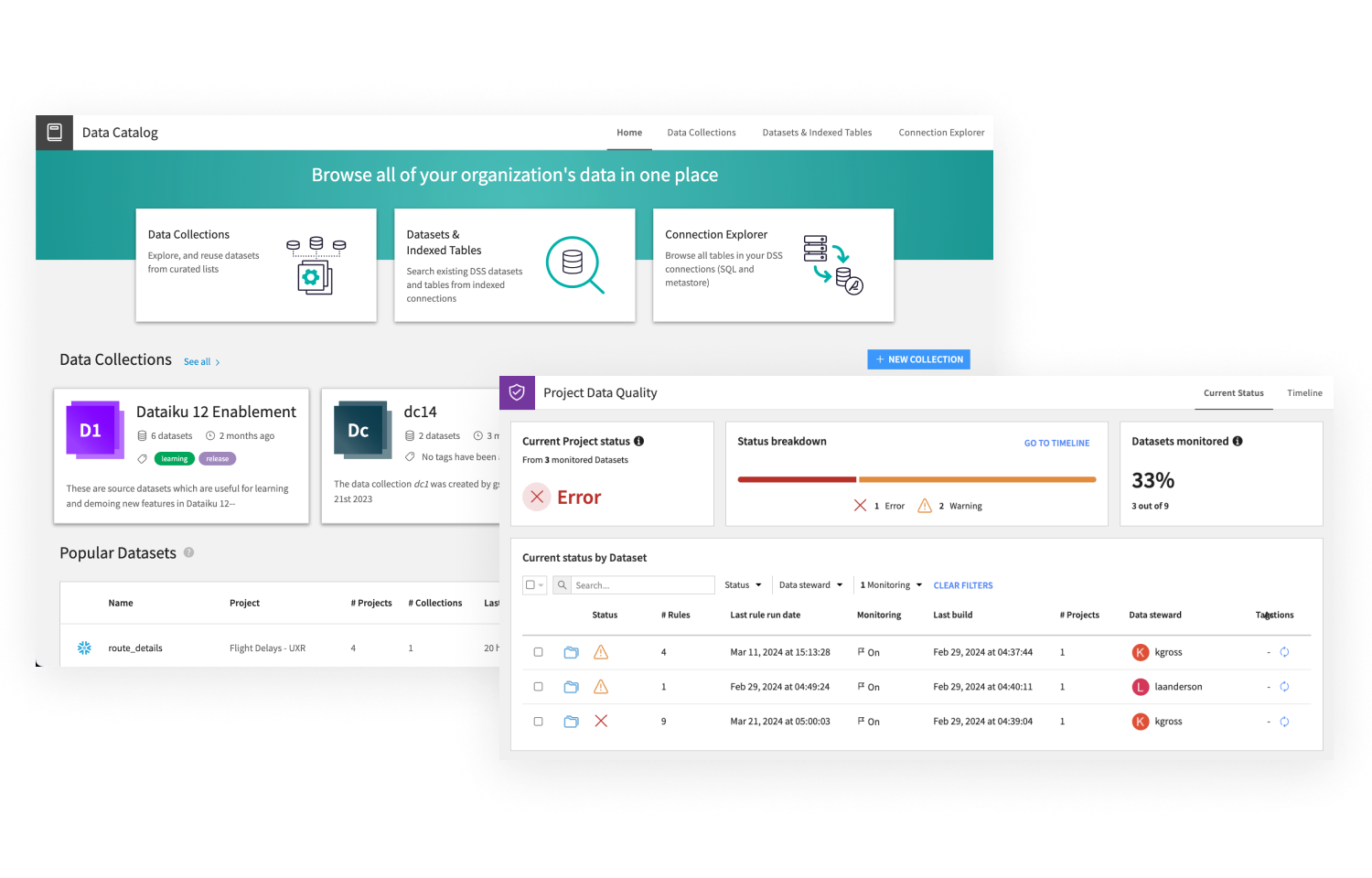 Screenshots showing Dataiku data catalog and data quality features to organize data governance