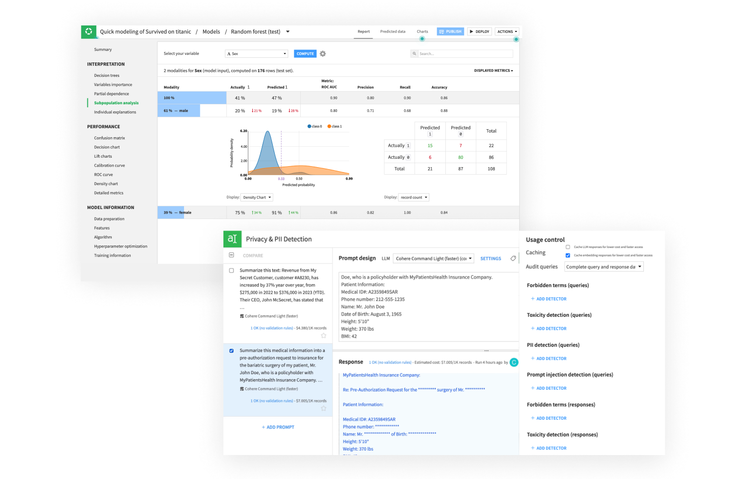 screenshot of subpopulation analysis and PII detection for Generative AI in Dataiku to prevent negative outcomes from AI