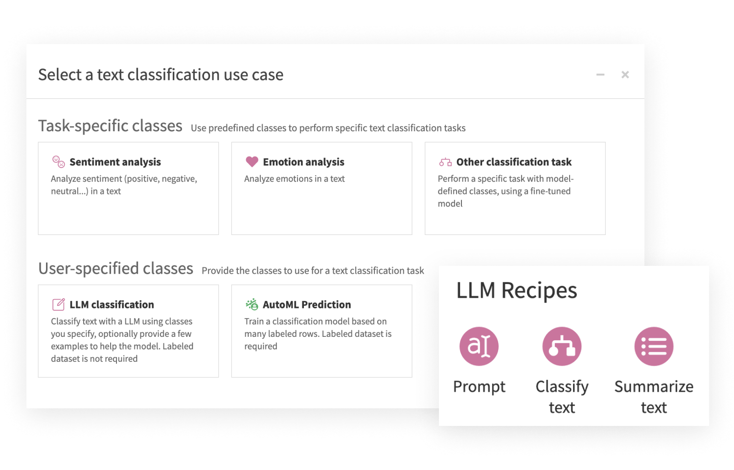 screenshot showing LLM-powered natural language processing (NLP) no-code visual recipes in Dataiku