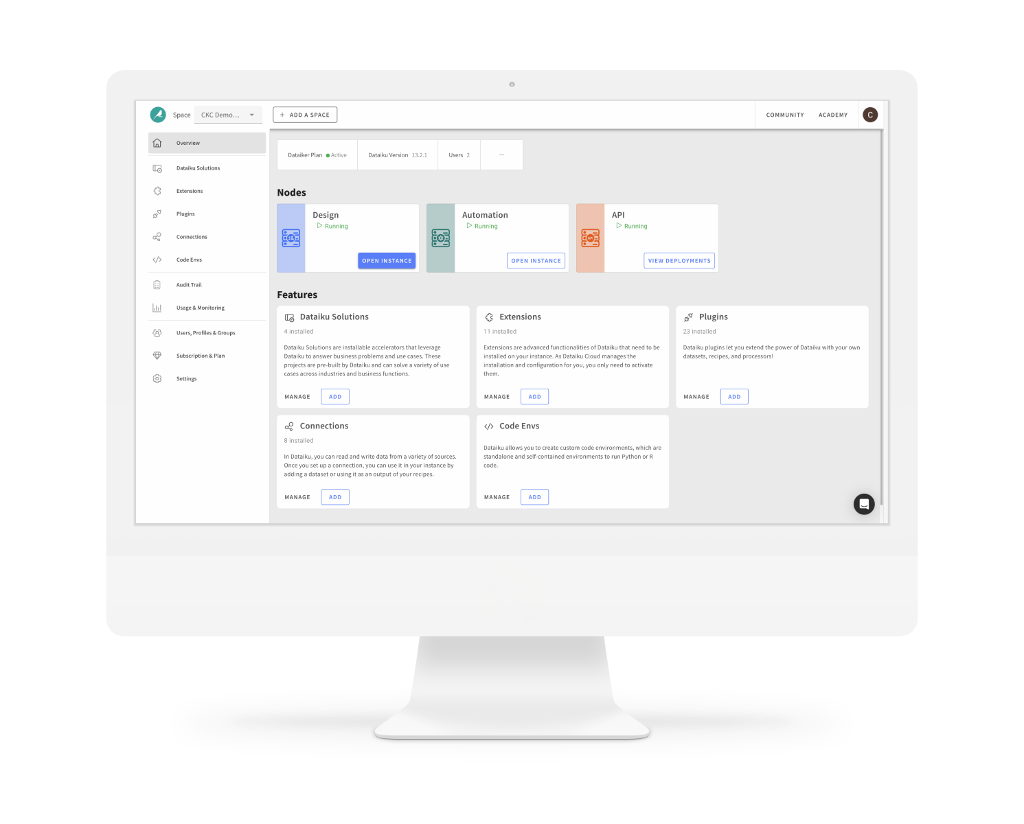 A desktop with Dataiku Cloud interface showing three main nodes: Design, Automation, and API.